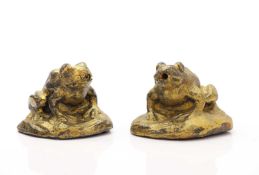 A pair of cast bronze frog fountain terminals,