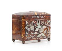 A Regency tortoiseshell, mother of pearl and ivory tea caddy,