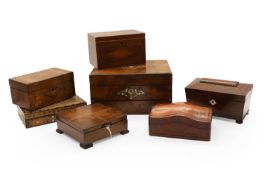 A collection of inlaid tea caddies and boxes,