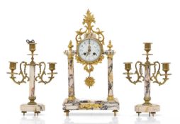 A gilt metal and marble portico clock,