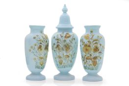 A set of three continental opaque blue glass vases,
