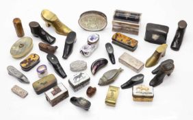 A collection of various treen, brass, ceramic, and leather snuff shoes,