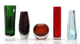 A collection of five art glass vases,