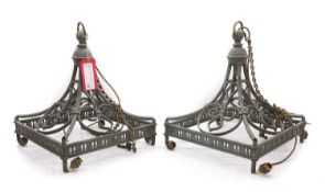 A pair of painted brass hanging church lights,