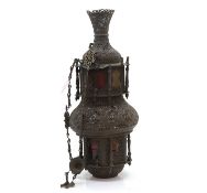 An Islamic mosque brass and glass lantern,