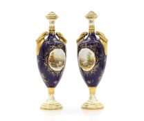 A pair of Coalport 'Ullswater' twin handle vase and covers,