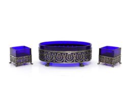Three French blue glass and silver-mounted boxes,