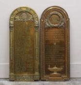 A pair of bronze and brass commemorative plaques,