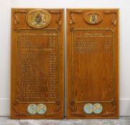 A pair of large oak memorial plaques,