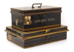 A collection of three toleware deed boxes,