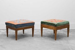 A near pair of inlaid mahogany stools,