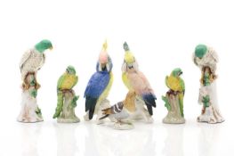 A collection of ceramic parrots and birds,