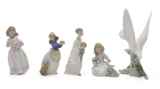 Three Lladro figures of children, and a Nao figure,