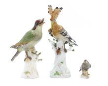 Three porcelain birds by Meissen,