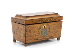 A painted satinwood tea caddy,