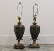 A pair of faux green marble table lamps,