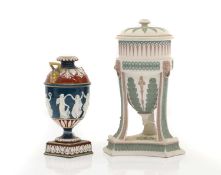 A Wedgwood tri colour light green tripod vase and cover,