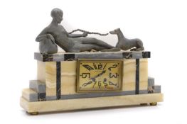 An French Art Deco spelter and marble figural mantel clock