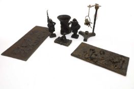 A group of seven fire damaged bronze items,