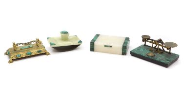 A gilt metal and malachite mounted pen rest,