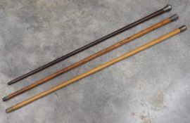 Three walking sticks with silver handles,