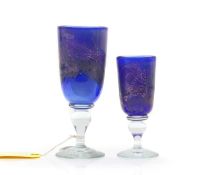 Two studio glass cobalt blue goblets,