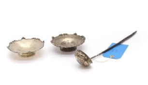 Two silver dishes and a toddy ladle,