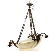 A large brass and alabaster ceiling light,