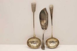 Two silver fiddle and Old English pattern ladles,