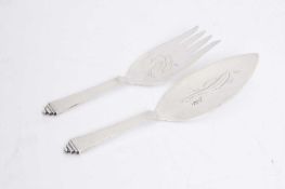 A pair of Georg Jensen sterling silver pyramid-pattern fish servers,