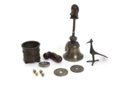 A collection of brass and treen items,