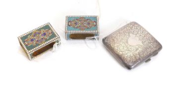 A pair of Russian cloisonne and gilt metal matchbox sleeves,