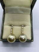 18ct GOLD GOLDEN SOUTH SEA PEARL & DIAMOND SET EARRINGS