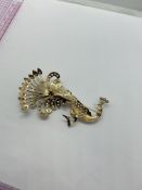 EXQUISITE DETAILED 14K YELLOW GOLD PEARL AND RUBY PEACOCK BROOCH - BEAUTIFUL, APPROX. 16.23g WEIGHT