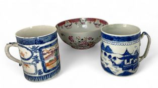 Two 19th century Chinese mugs and a famille rose bowl