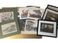 A group of seven various framed and unframed prints and two charcoal drawings