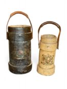 Two late 19th/early 20th century leather and oil cloth cordite carriers