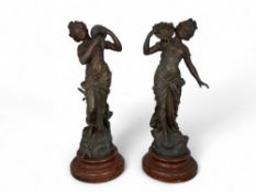 After L & F Moreau, A pair of spelter figures of standing Art Nouveau style maidens, 'Sentier Fleur