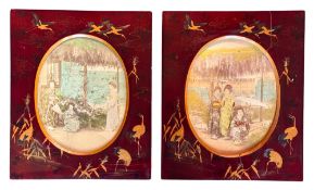 A pair of early 20th century Japanese coloured photographs in lacquered frames