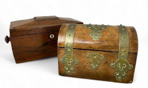 A Victorian burr walnut and brass bound stationery box and a Regency rosewood tea caddy