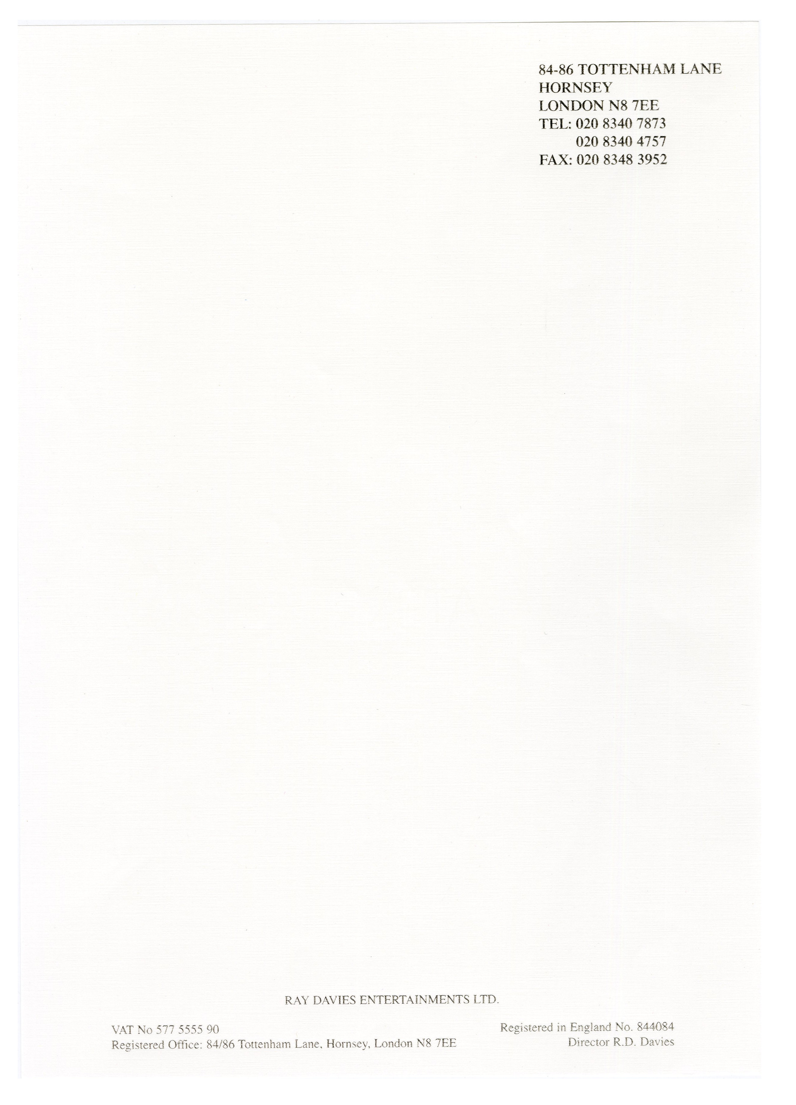 Ray Davies Konk Studios Letterhead Sheets (UK)