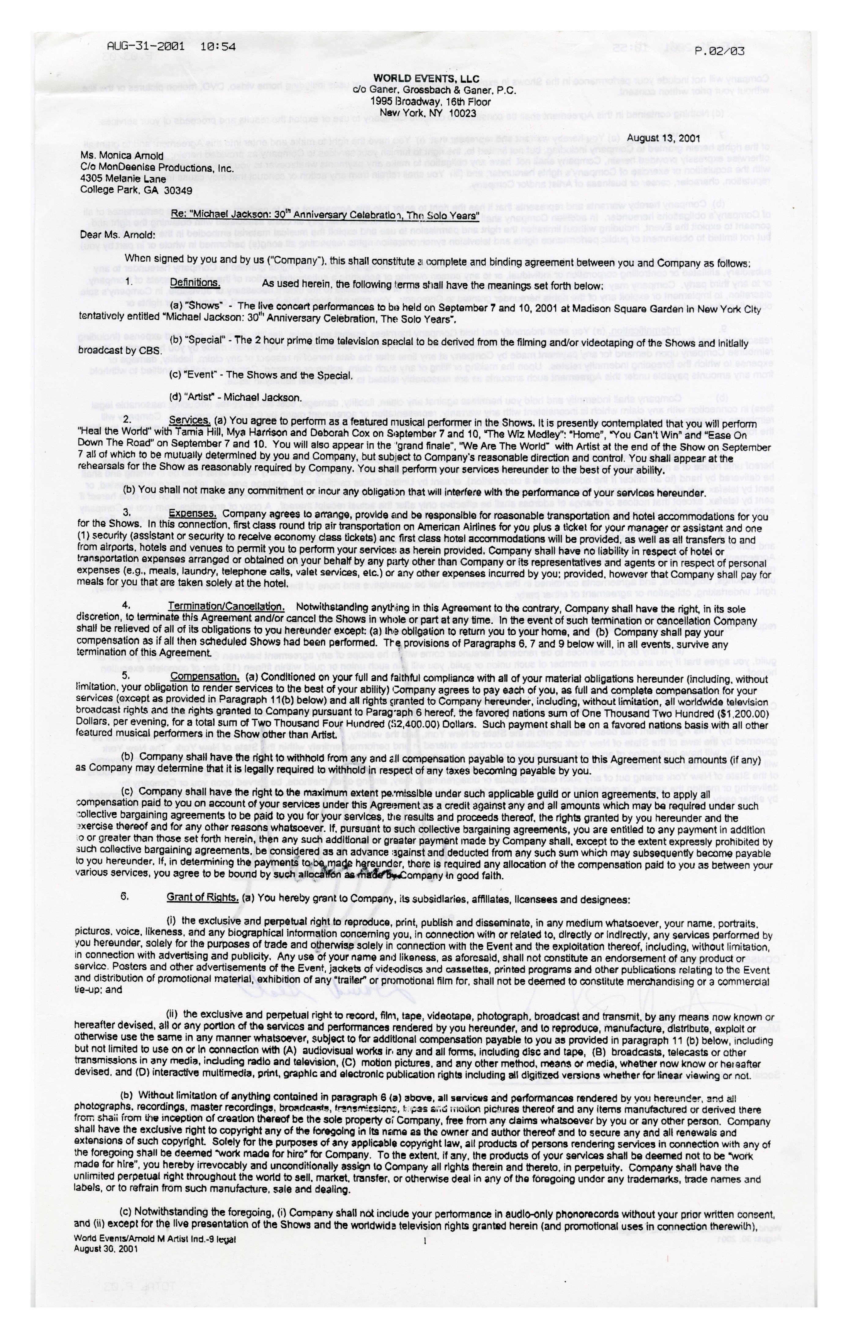 Michael Jackson 2001 Signed 30th Anniversary Madison Square Garden Performance Contract (USA) - Image 2 of 3