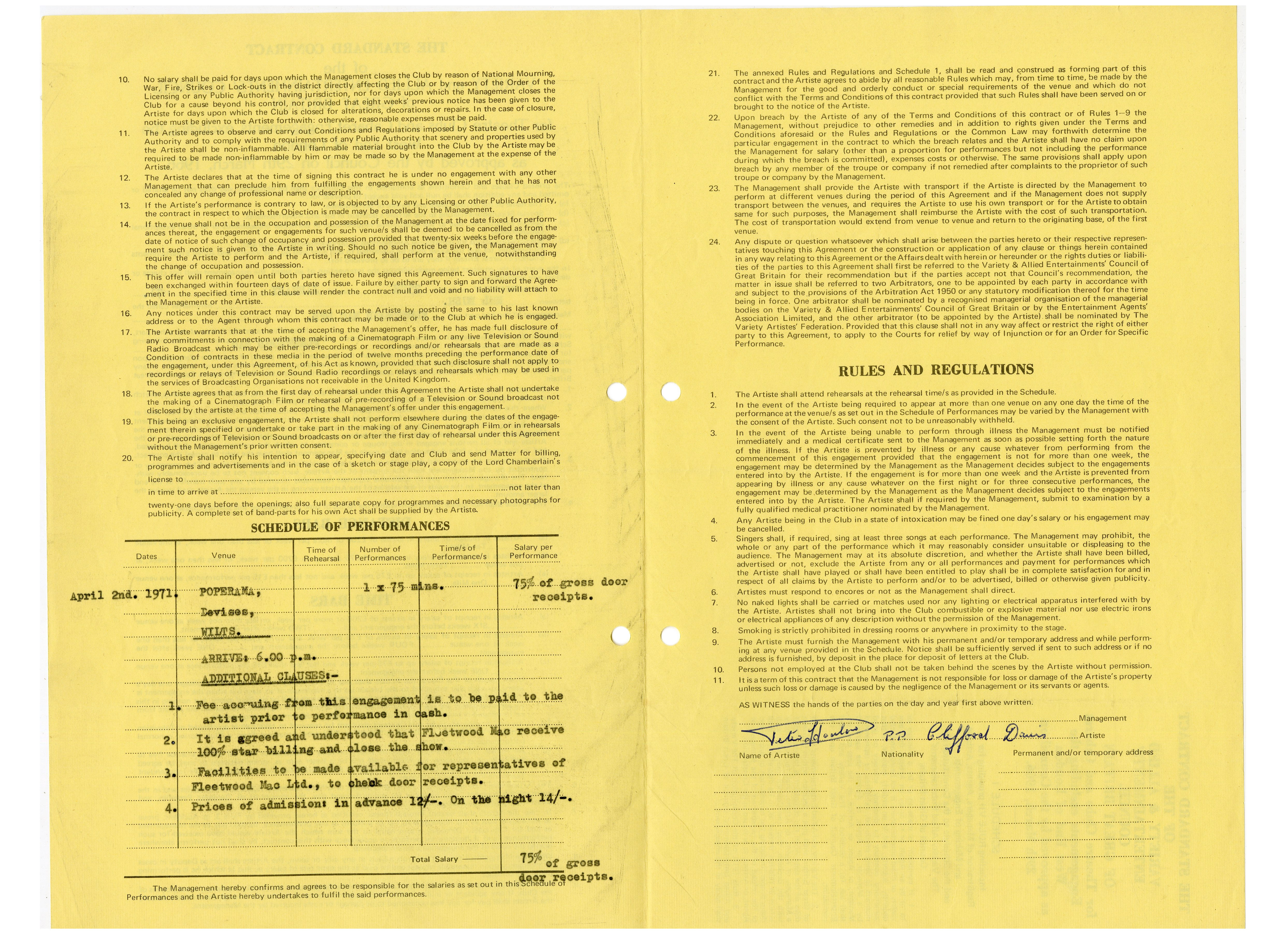 Fleetwood Mac 1971 Poperama Devizes Performance Contract (UK) - Image 2 of 3