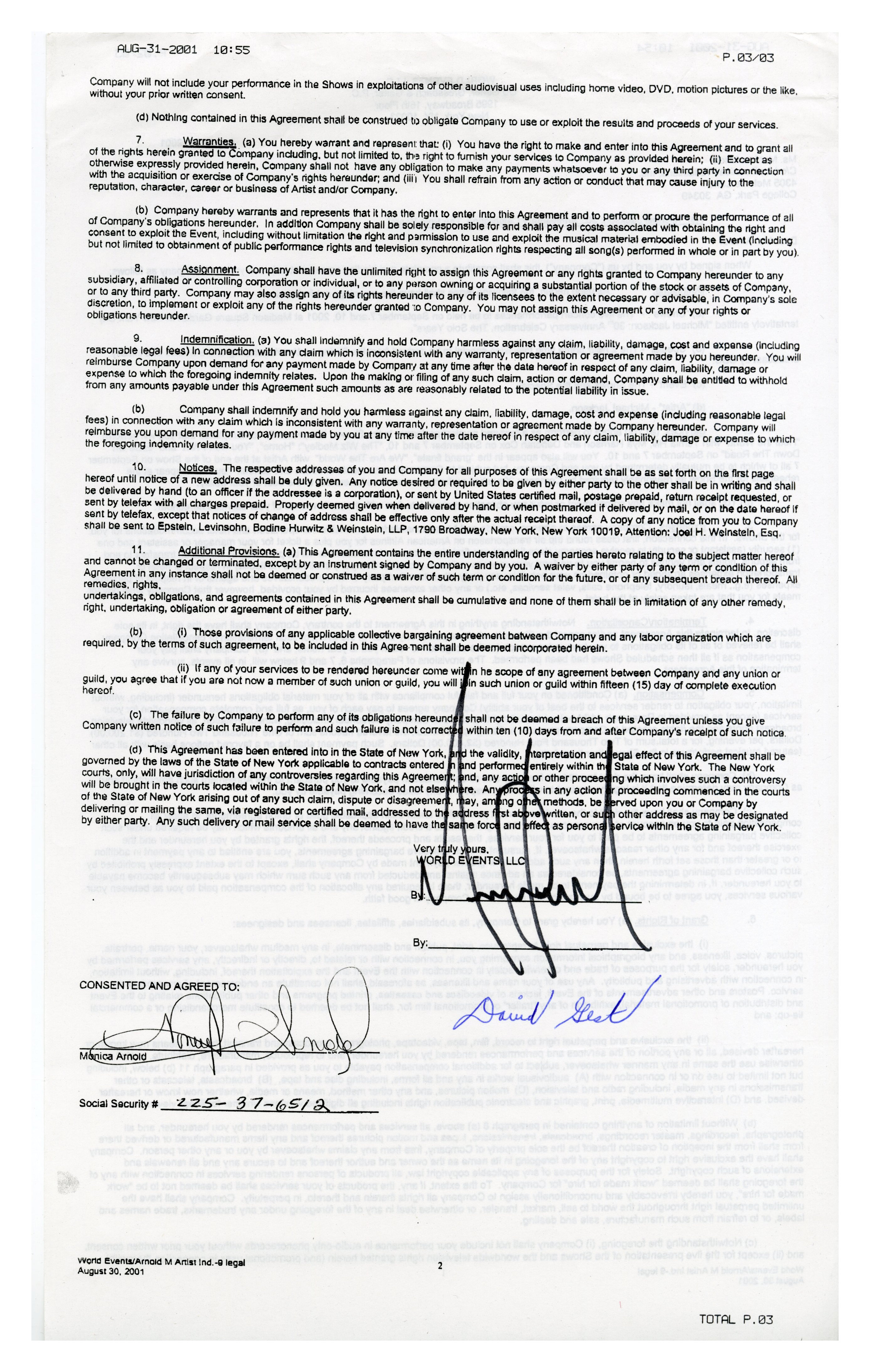Michael Jackson 2001 Signed 30th Anniversary Madison Square Garden Performance Contract (USA)