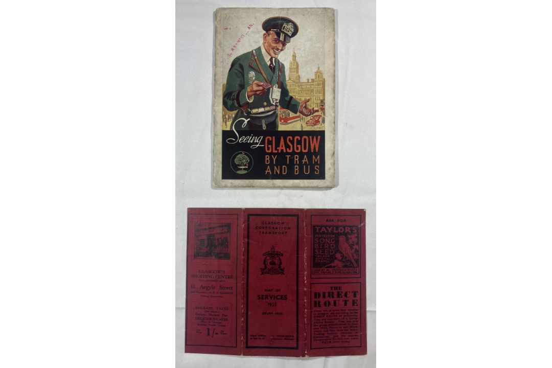 A 1936 Seeing Glasgow by tram and bus guide book, 1935 fold out pocket map of Glasgow Corporation