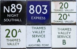 Selection (6) of London Transport bus stop enamel E-PLATES comprising N89 Night destinated