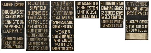 A Glasgow Standard tram end lower (via) destination blind on wooden rollers. A Dalmarnock depot