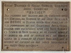 Great Western & Great Central Railways Joint Committees cast iron sign Do Not Trespass in un-painted