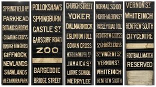 A Glasgow tram end lower (via) destination blind as fitted to a Coronation tram. This complete blind