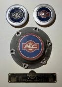 Assorted AEC hub cap and steering wheel centres and a Park Royal body builders plate. In as used